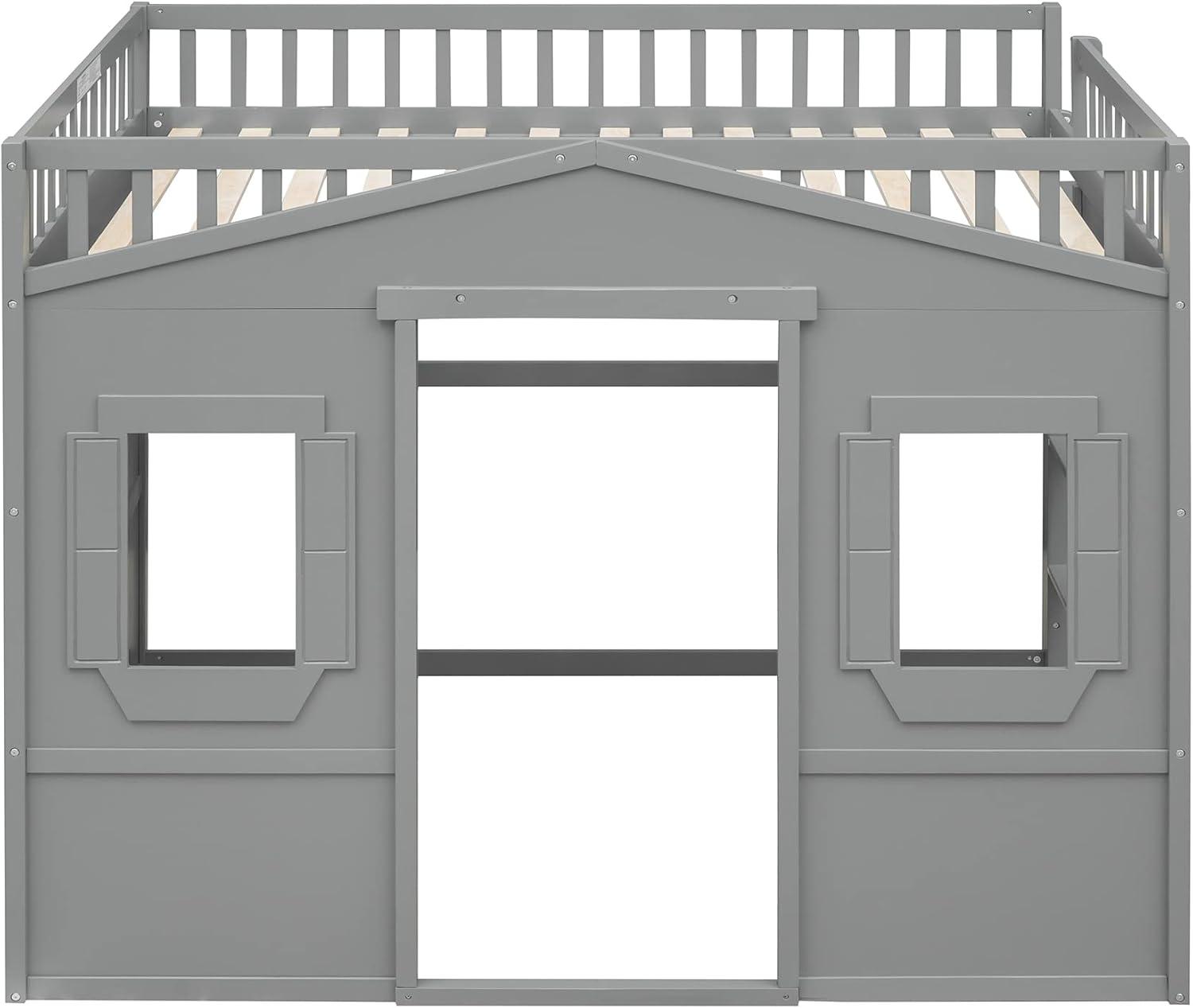 Full Size House Loft Bed Frame, Wooden House Shaped Bed Frame with Ladder, Windows and Safety Guardrails, Playhouse Loft Bed Frame for Bedroom Guest Room Dorm Apartment, Gray