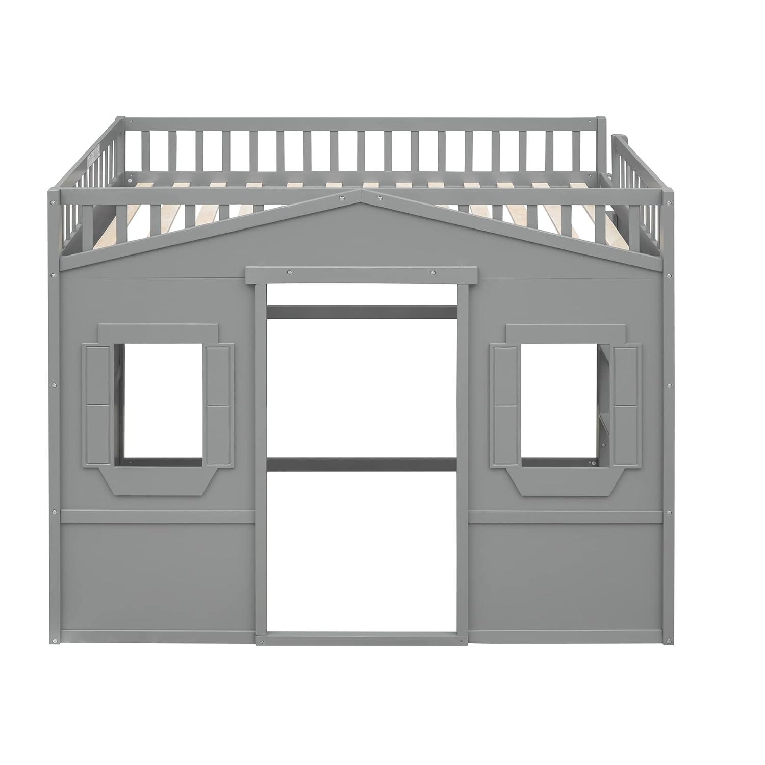 Full Size House Loft Bed Frame, Wooden House Shaped Bed Frame with Ladder, Windows and Safety Guardrails, Playhouse Loft Bed Frame for Bedroom Guest Room Dorm Apartment, Gray