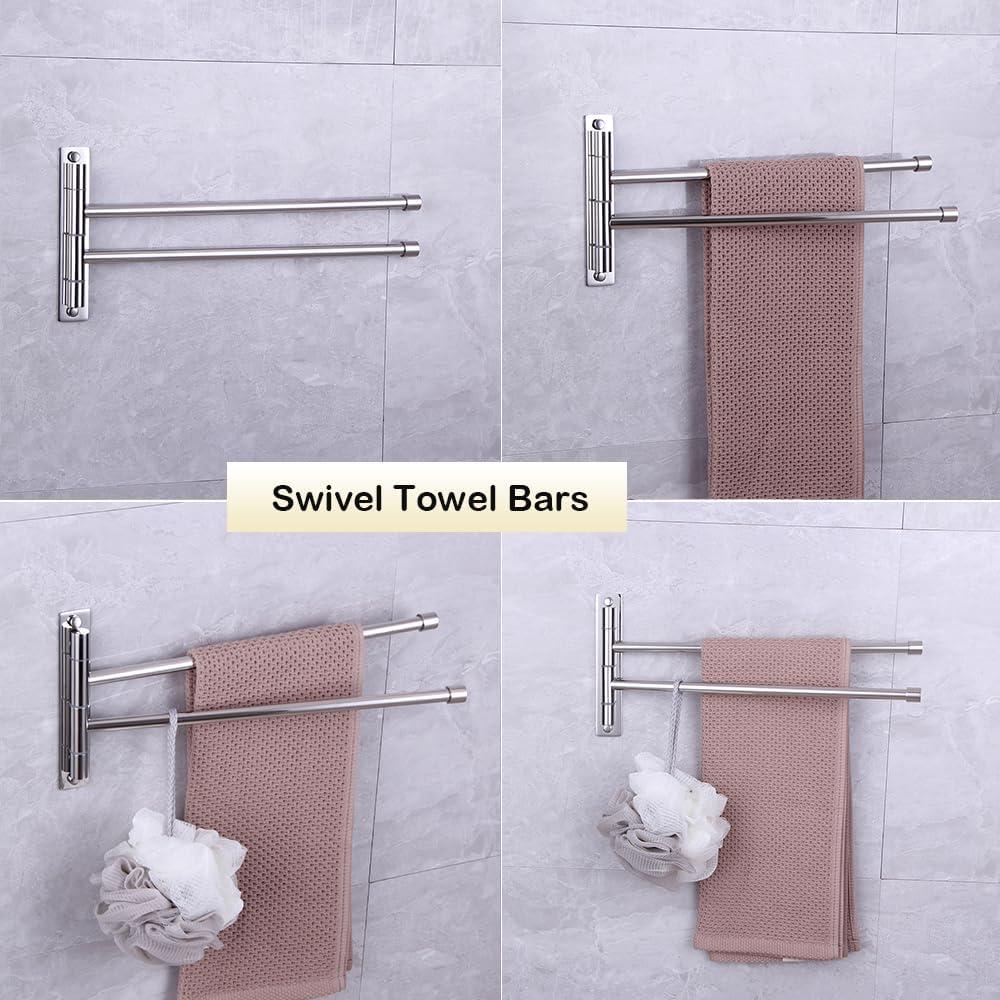 Stainless Steel Swing Out Towel Bar 2-Bar Folding Arm Swivel Hanger Bathroom Storage Organizer Rustproof Wall Mount Brushed Finish