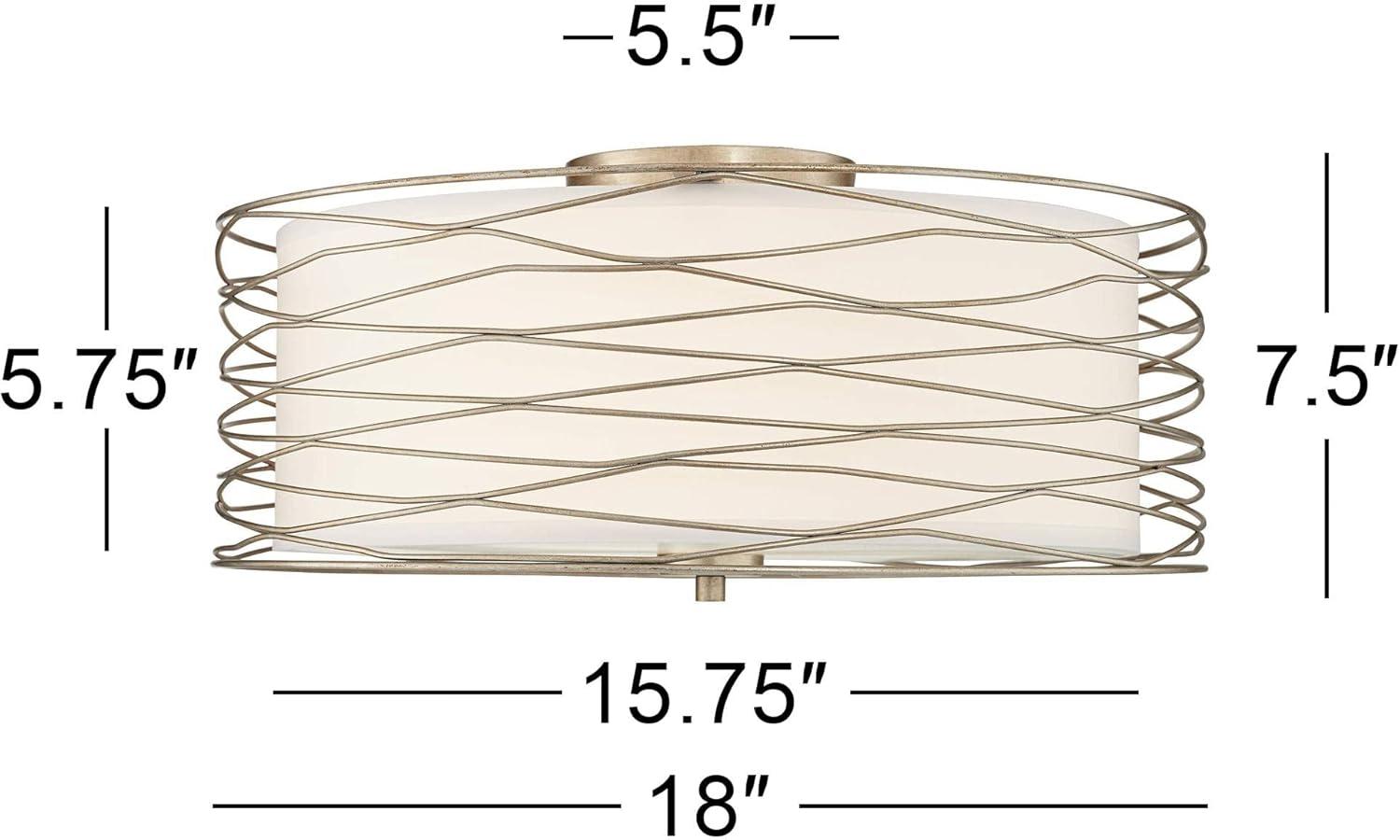 Possini Euro Design Modern Ceiling Light Flush Mount Fixture Antique Silver Leaf 18" Wide Wavy Spun White Drum for Bedroom Kitchen