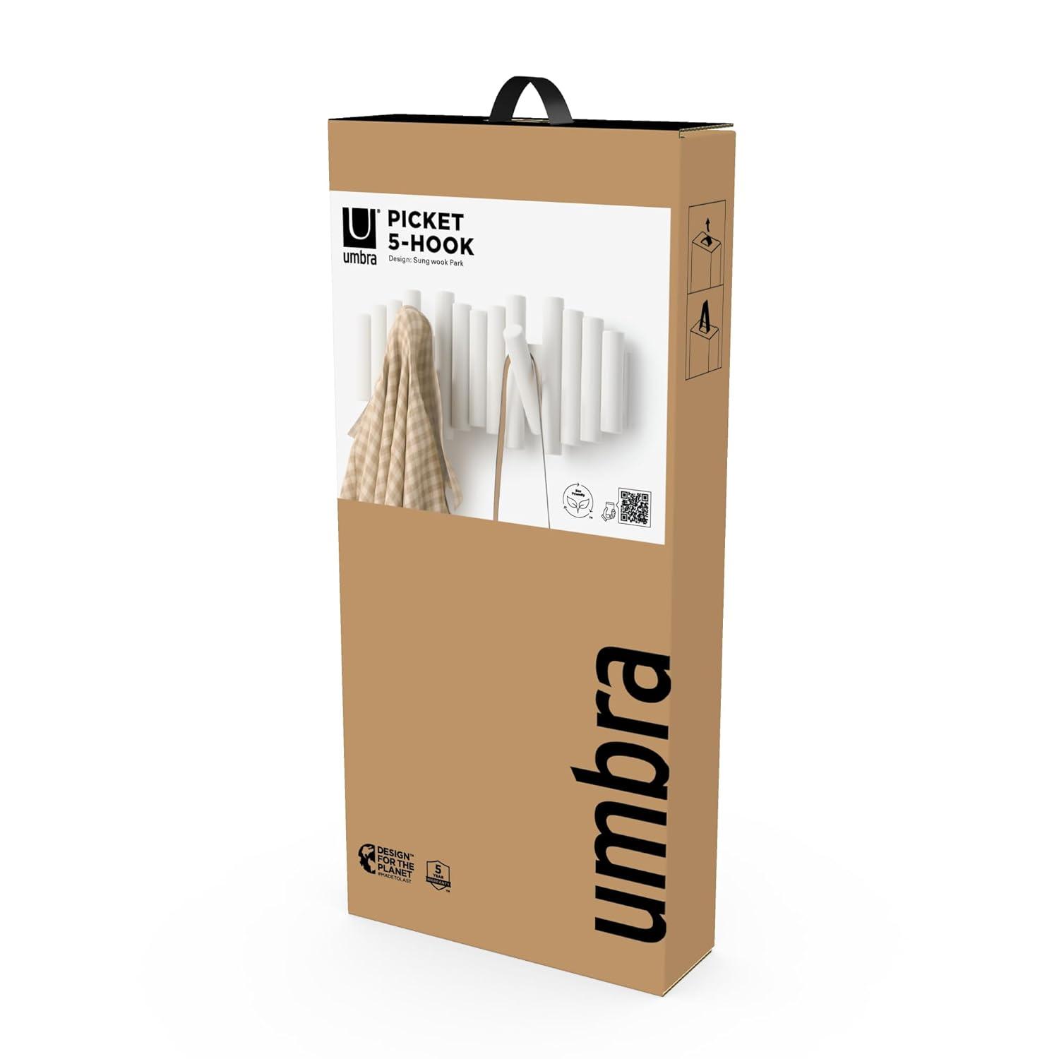 Umbra Picket Rail Hook White: 5 Decorative Hooks, Pine Material, 25 lb Capacity, 15.63" Length, 5-Year Warranty