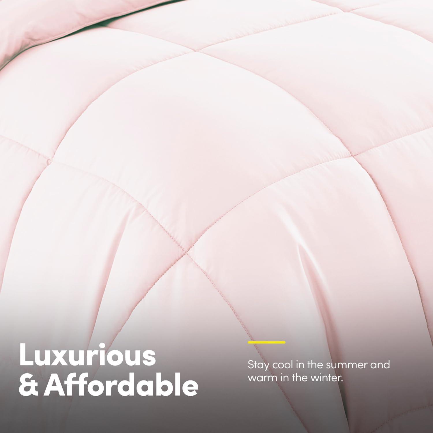 Sweet Home Collection 7 Piece Comforter Set Bag Solid Color All Season Soft Down Alternative Blanket & Luxurious Microfiber Bed Sheets, Pale Pink, Full