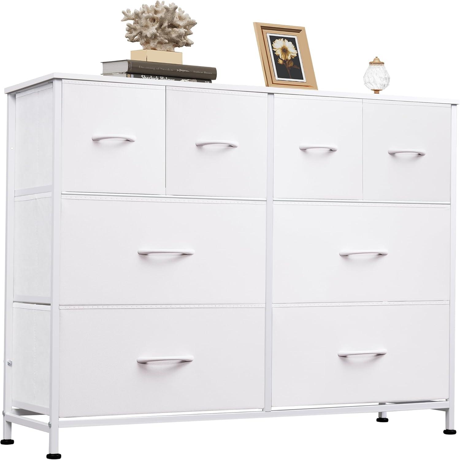 White Steel and Fabric 8-Drawer Bedroom Dresser