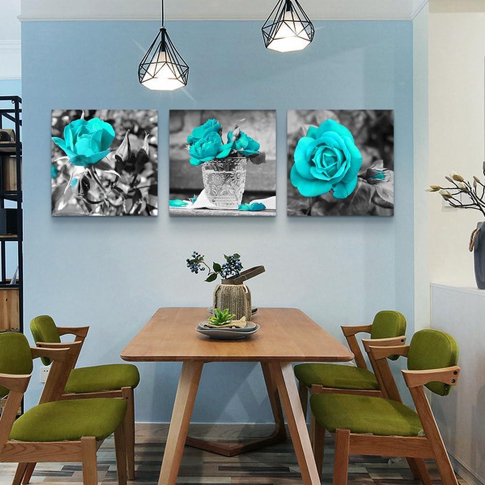 Canvas Wall Art For Bedroom Wall Decor For Living Room Black And White Wall Paintings Blue Rose Flowers Pictures Watercolor Giclee Canvas Prints Ready To Hang Room For Girls Home Decoration 3 Piece