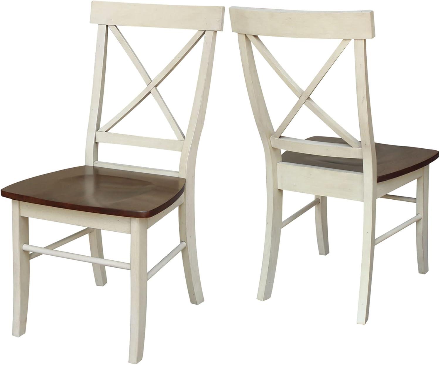 Set of 2 X Back Chairs with Solid Wood Seats Antiqued Almond/Espresso - International Concepts: Hardwood High Back Dining Furniture