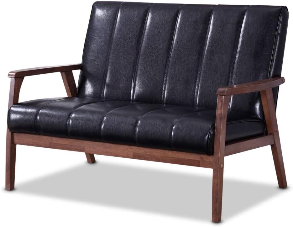 Nikko Mid-Century Modern Scandinavian Style Faux Leather Wooden 2 Seater Loveseat Dark Brown - Baxton Studio: Compact, Rubberwood Frame, Easy to Clean