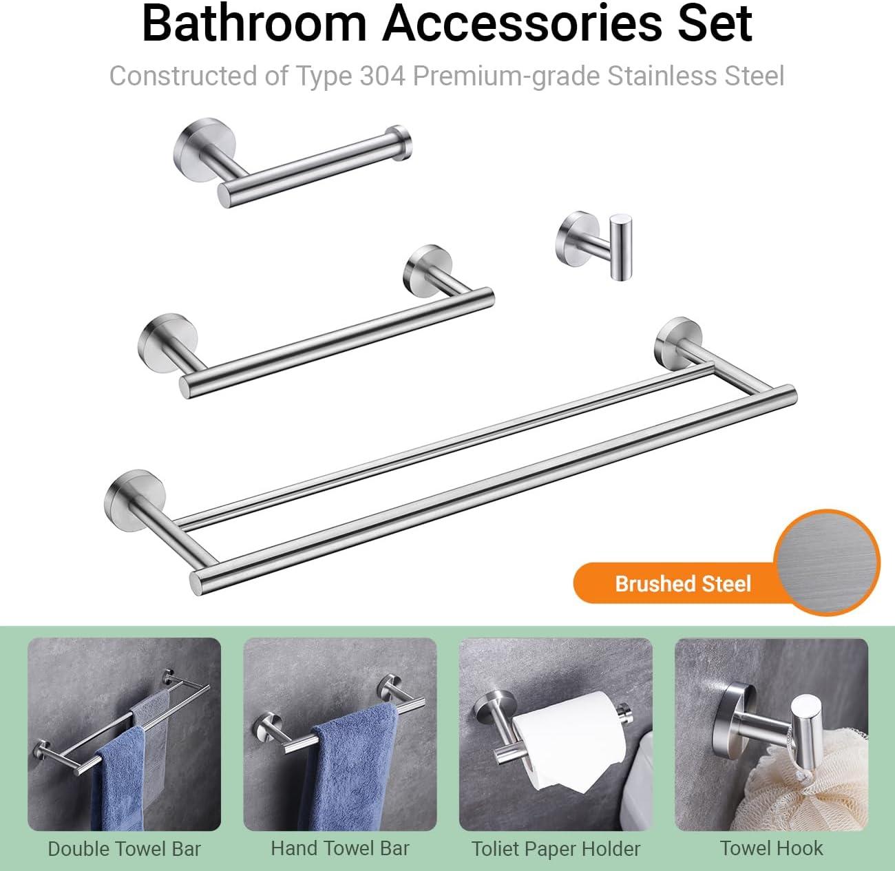 4-Piece Bathroom Accessories Set Brushed Stainless Steel Wall Mount - Includes Double Towel Bar, Hand Towel Rack, Toilet Paper Holder, Robe Hooks, BS100S4-BN