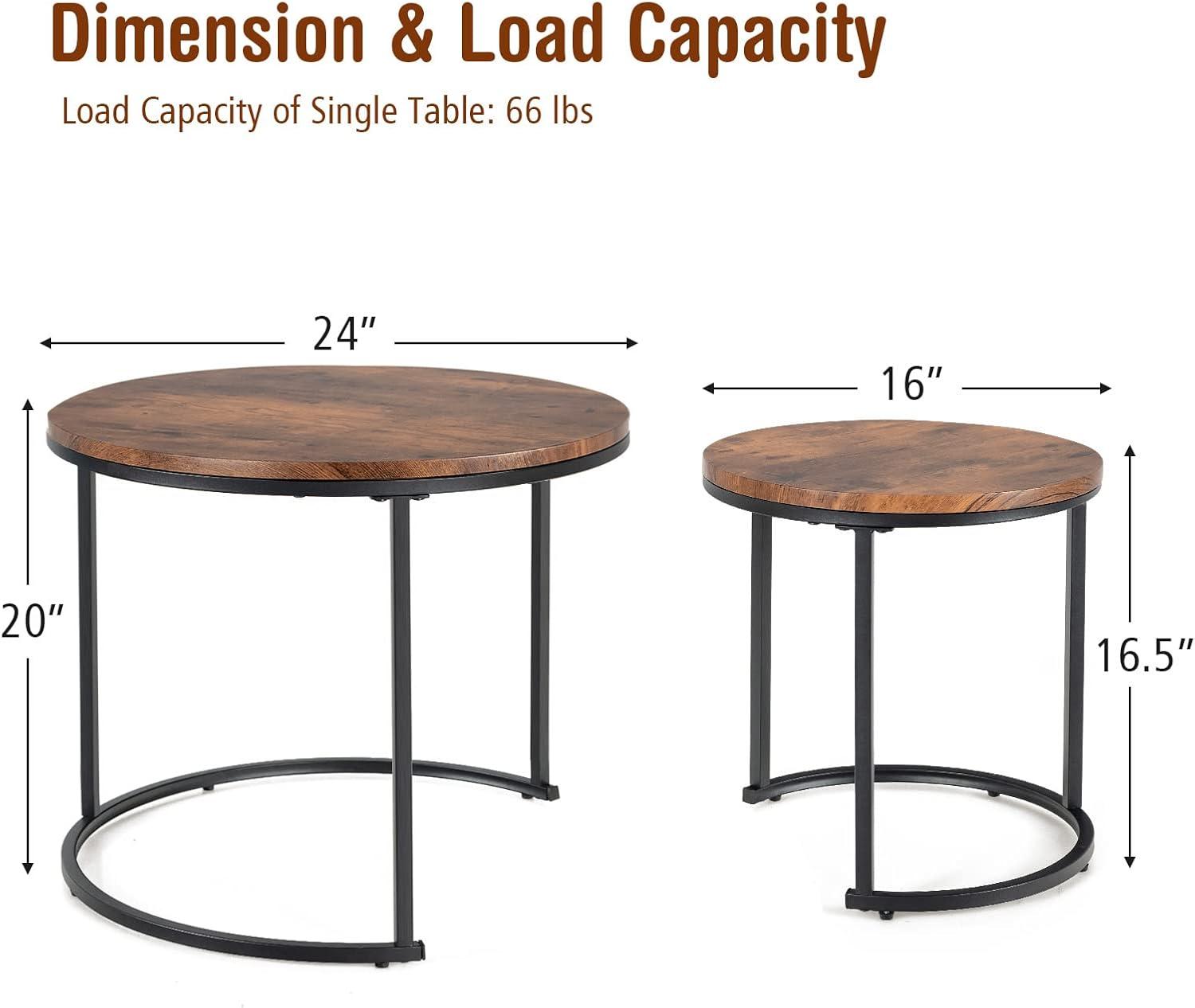 Costway Nesting Coffee Table Set of 2 for Balcony Living Room Modern Round Side Tables Rustic Brown