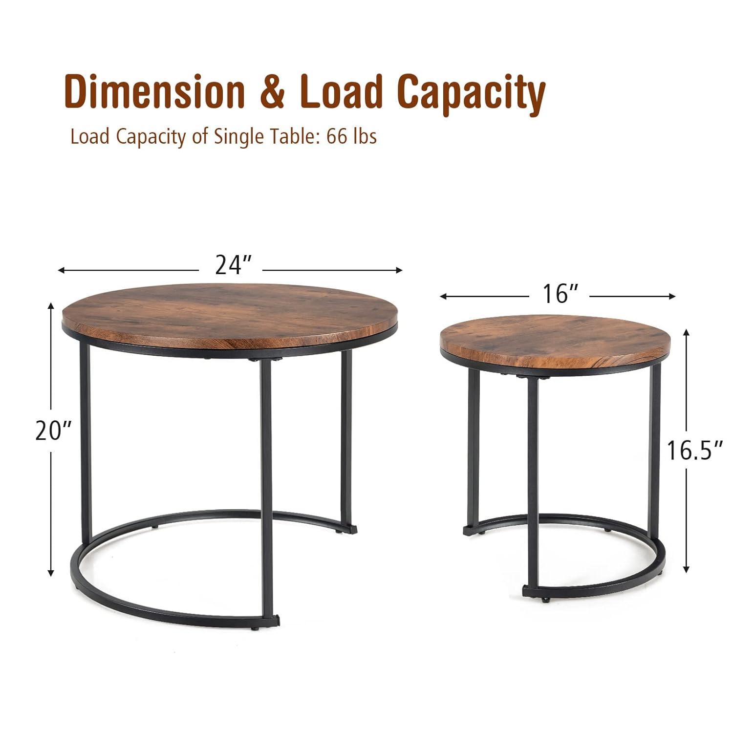 Costway Nesting Coffee Table Set of 2 for Balcony Living Room Modern Round Side Tables Rustic Brown