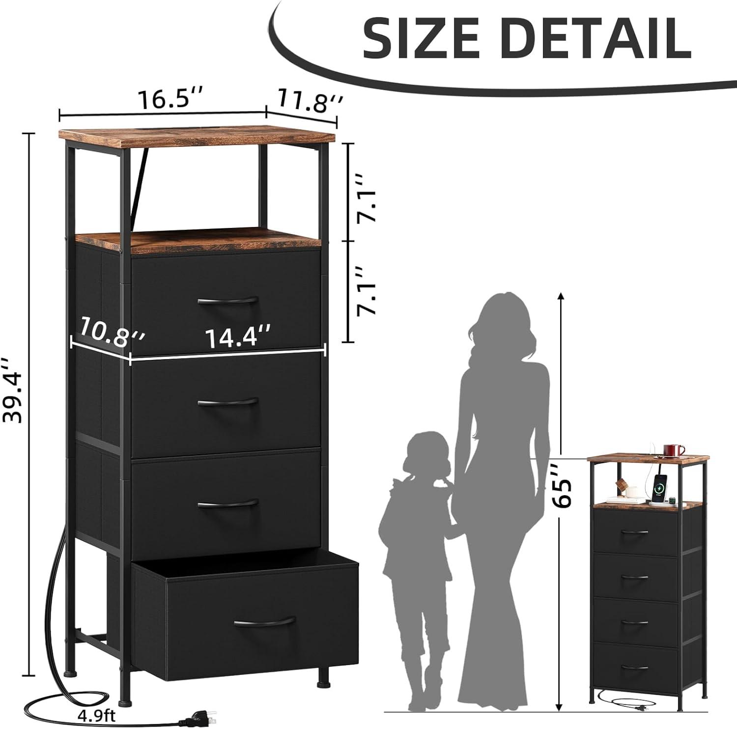 Eunos Black Dresser for Bedroom, 4 Drawer Nightstand with Charging Station, LED and Open Shelf