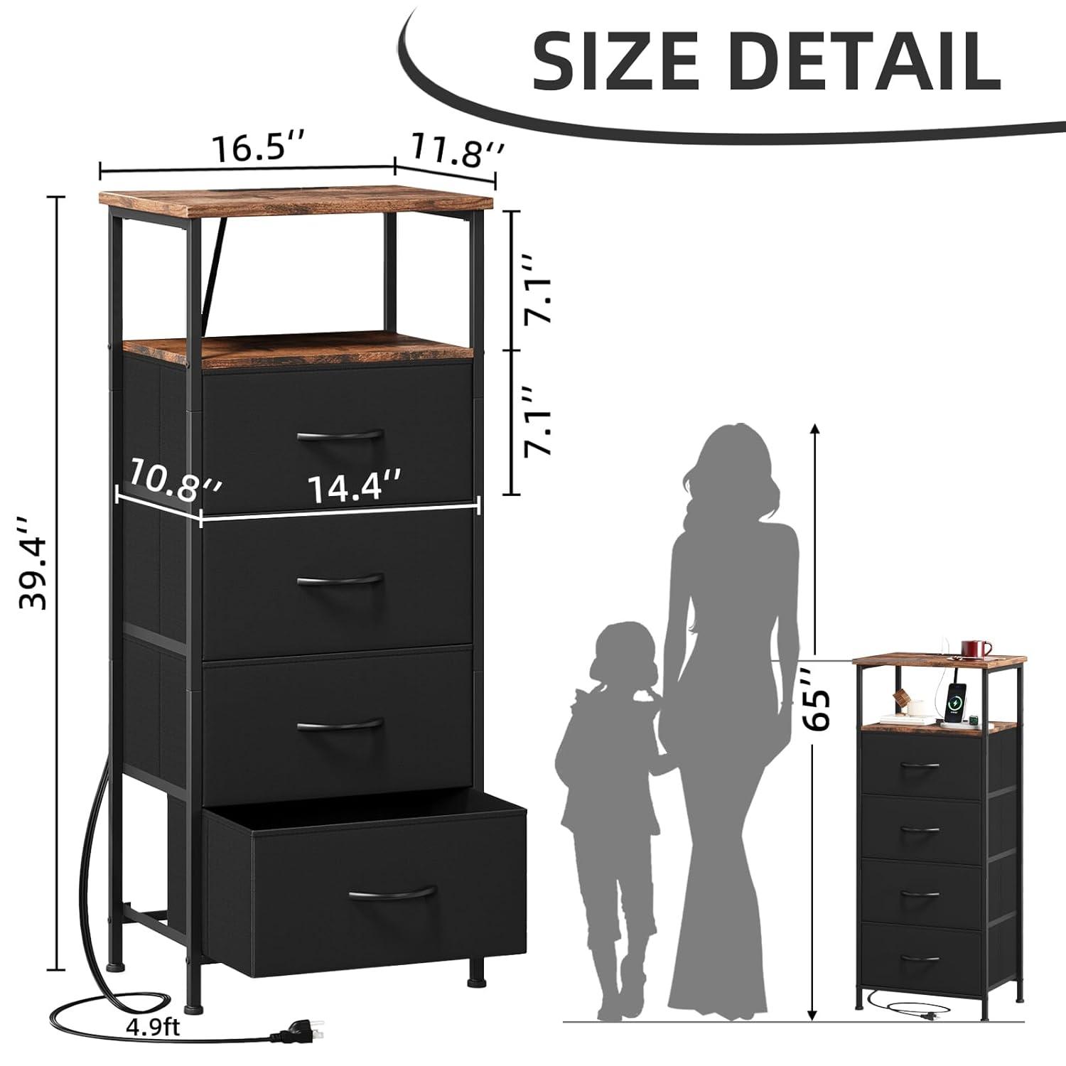 Eunos Black Dresser for Bedroom, 4 Drawer Nightstand with Charging Station, LED and Open Shelf