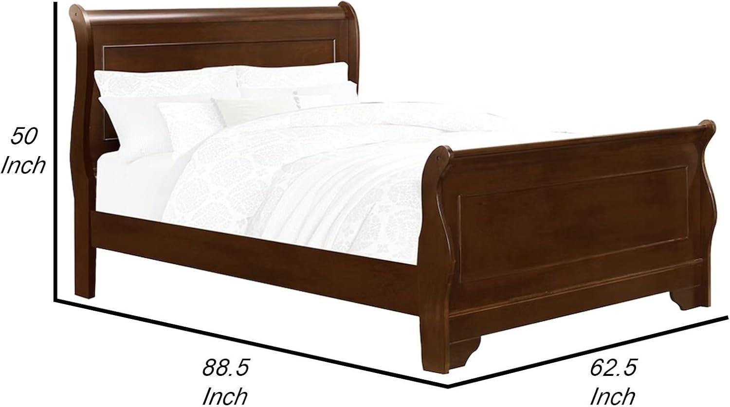 Benjara Transitional Queen Sleigh Style Bed, Dark Wood Frame, Cherry Brown Finish