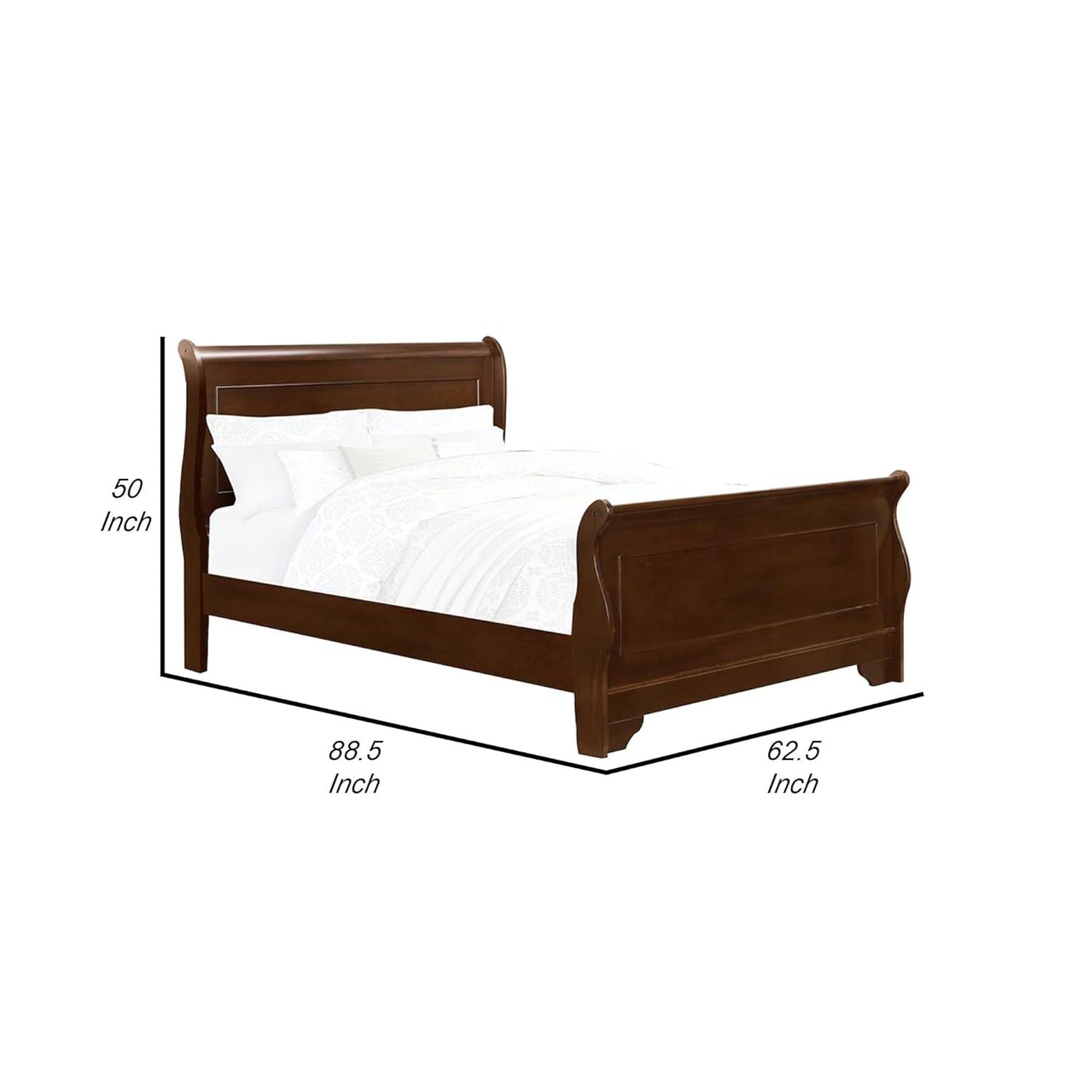 Benjara Transitional Queen Sleigh Style Bed, Dark Wood Frame, Cherry Brown Finish