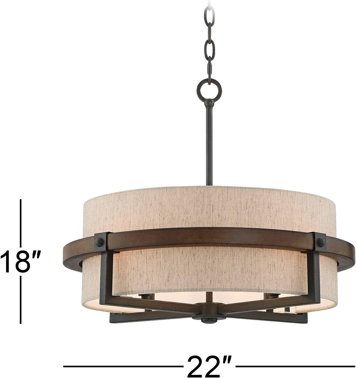 Possini Euro Design Castille Bronze Faux Wood Pendant Chandelier 22" Wide Farmhouse Rustic Tan Shade 4-Light Fixture for House