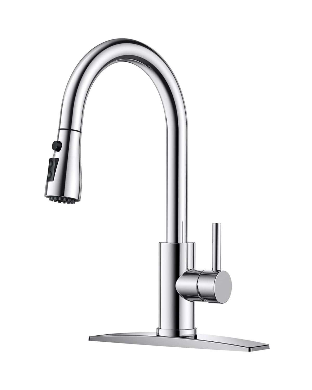 FORIOUS Kitchen Faucet with Pull Down Sprayer, Brushed Nickel, Bar High Arc Single Handle Traditional 3 Modes Stainless Steel Faucet for Kitchen Sink Farmhouse RV Laundry Camper