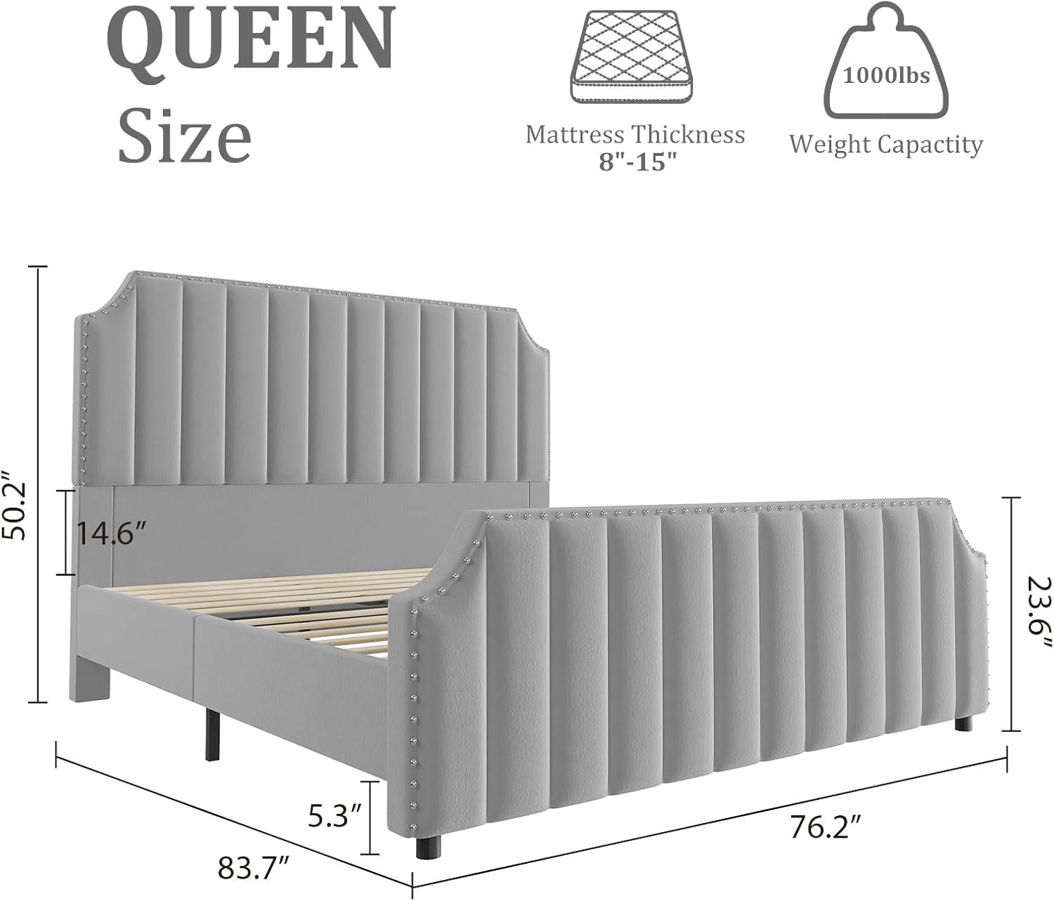 Queen Size Platform Bed Frame with 50.2" Headboard, Velvet Upholstered Bed Frame Queen with Vertical Channel Tufted Headboard & Footboard,Light Gray