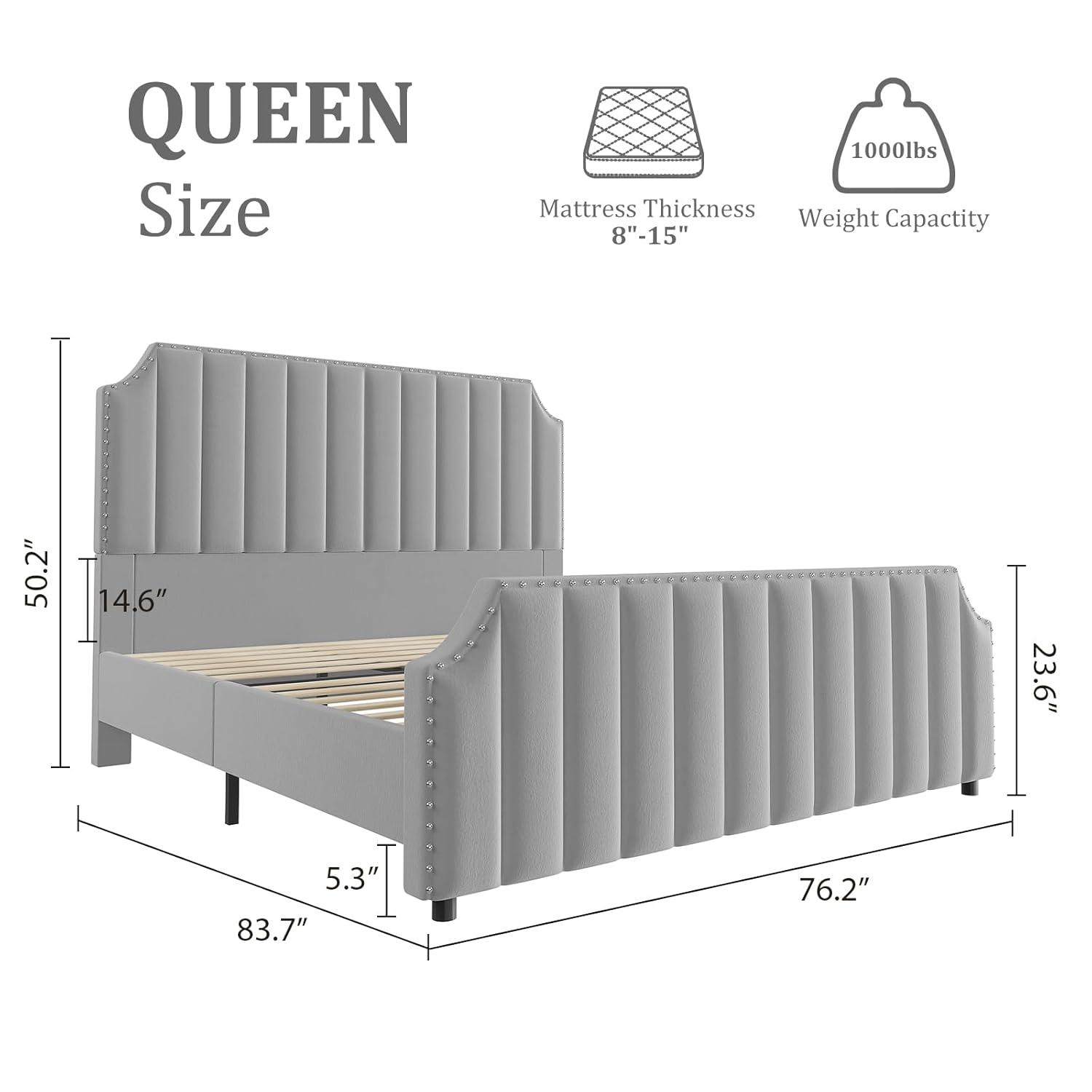 Garvee Queen Velvet Bed Frame, 50.2" Upholstered Headboard, Footboard with Nailhead Trim, No Box Spring Needed, Solid Wood Slats, Noise Free, Beige