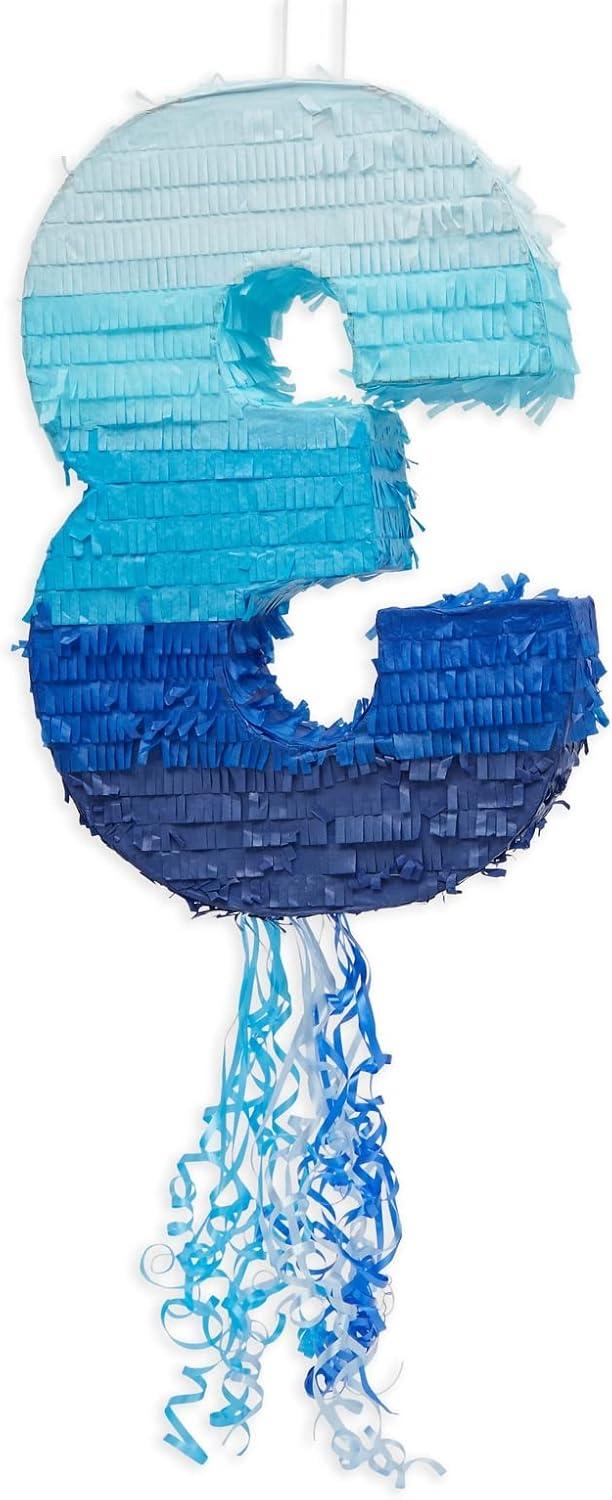 Blue Panda Number 3 Pull String Pinata for Boys 3rd Birthday Party Decorations, Ombre Blue, 16.5 x 11 x 3 In