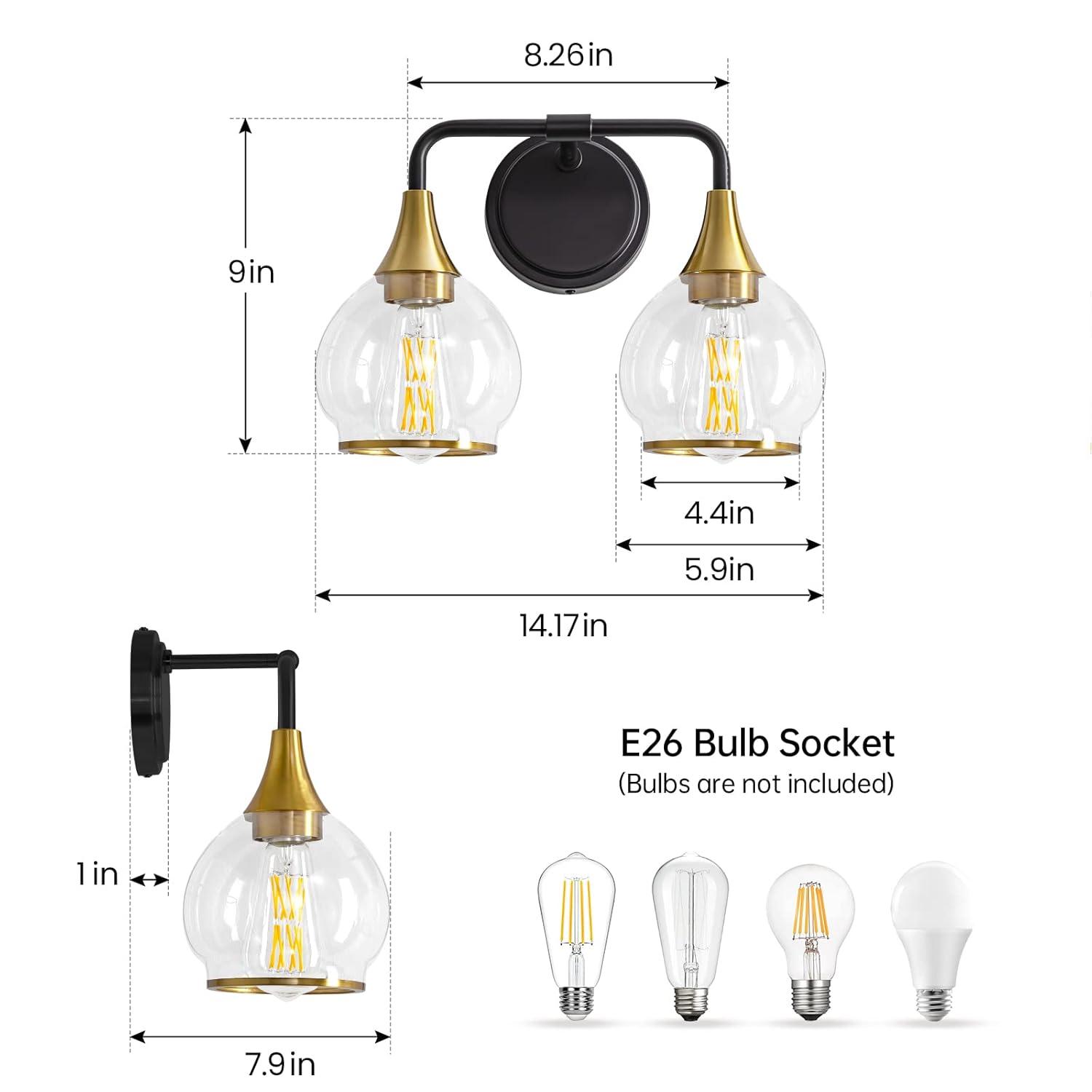 Black and Gold Bathroom Light Fixtures 2-Lights Vanity Lights with Clear Glass Shade Bathroom Vanity Light 14 Inch Wall Sconces(Exclude E26 Bulb)…