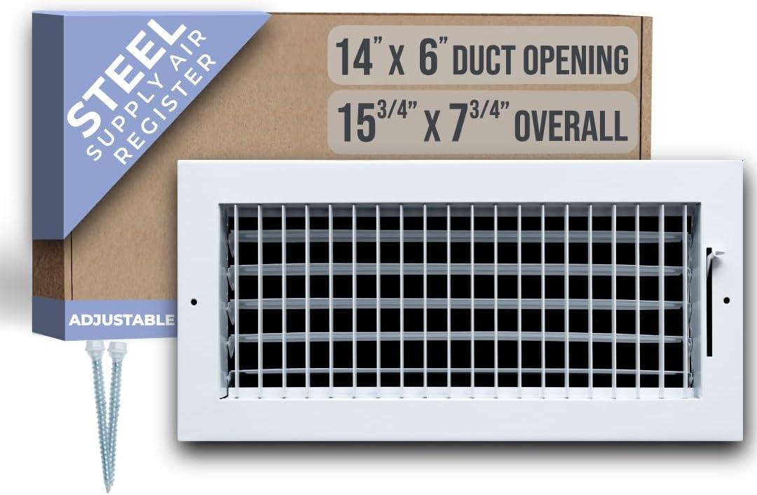 White Steel Adjustable Air Supply Grille for 14x6 Duct Opening