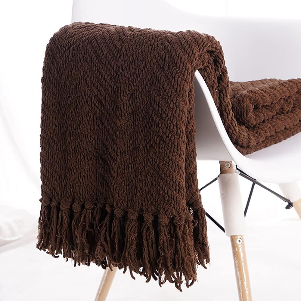 Battilo Dark Brown Throw Blanket for Couch, Knitted Brown Herringbone Throw,Housewarming Gifts,50'' x 60''