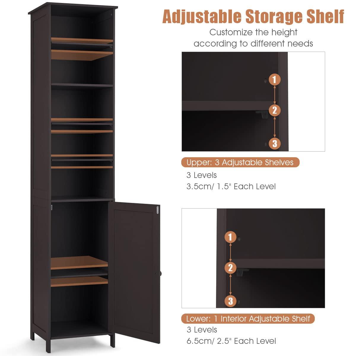 Costway 72''  Bathroom Tall Floor Storage Cabinet Freestand Shelving Display Brown