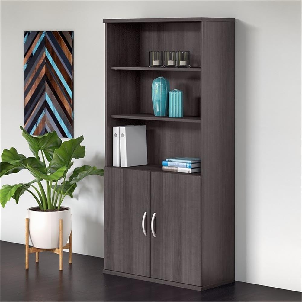 Studio C 5 Shelf Bookcase with Doors in Storm Gray - Engineered Wood