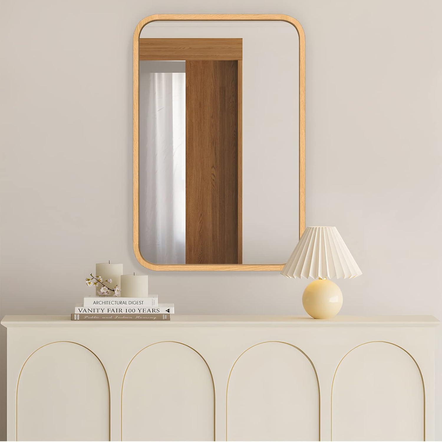 Natural Beech Wood Rectangular Bathroom Mirrors with Silver Accents