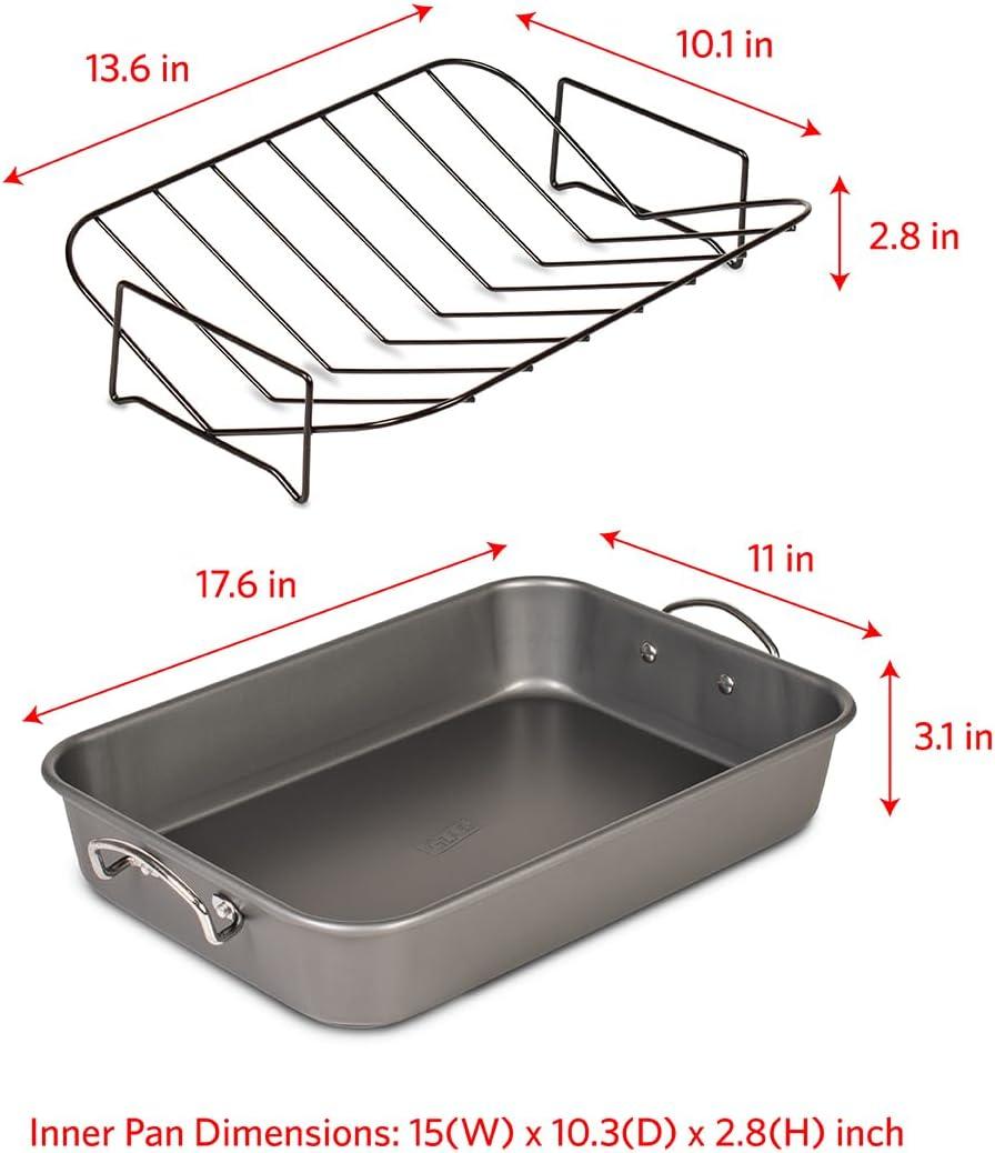 Glad Roasting Pan Nonstick 11x15 - Heavy Duty Metal Bakeware Dish with Rack - Large Oven Roaster Tray for Baking Turkey, Chicken, and Veggies