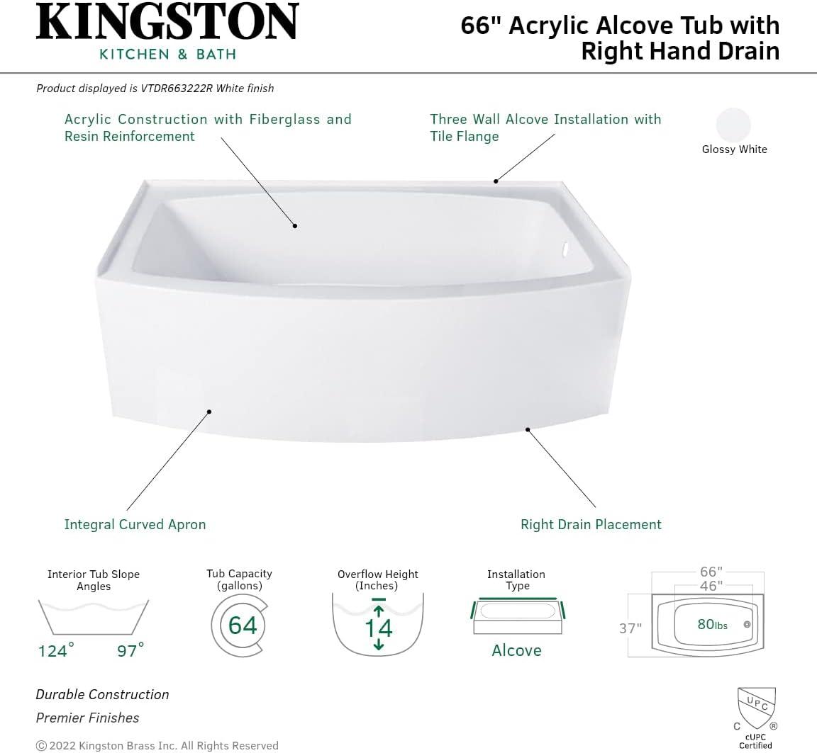 Kingston Brass Aqua Eden 66-Inch Acrylic Curved Rectangular Apron 3-Wall Alcove Tub, Drain