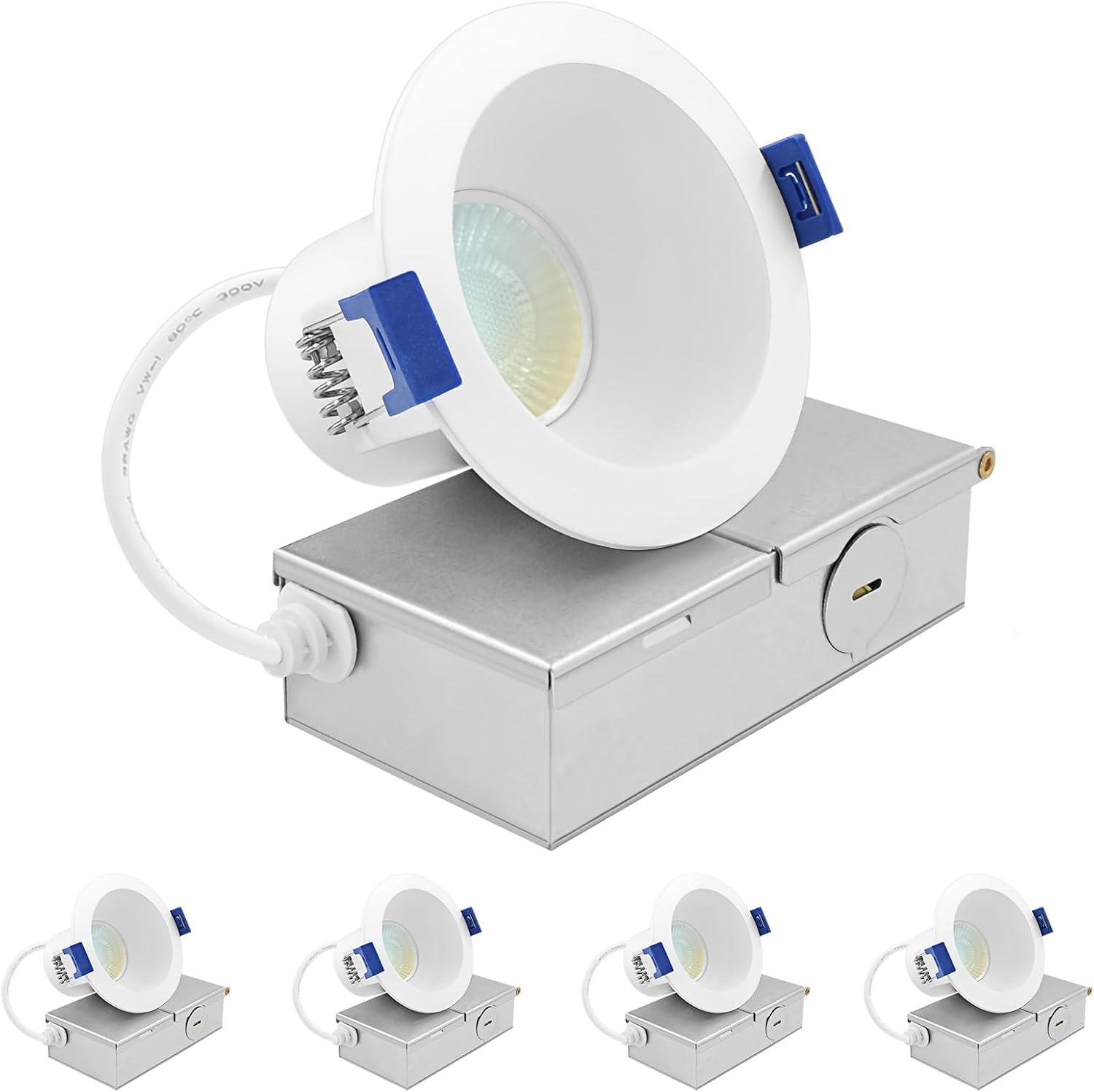 Luxrite Luxrite 3 Inch LED Recessed Ceiling Light J-Box 8W 5CCT 2700K/3000K/3500K/4000K/5000K 840LM Dimmable Canless Downlight, Wet Rated IC Rated ETL 12 Pack LR23320-12PK