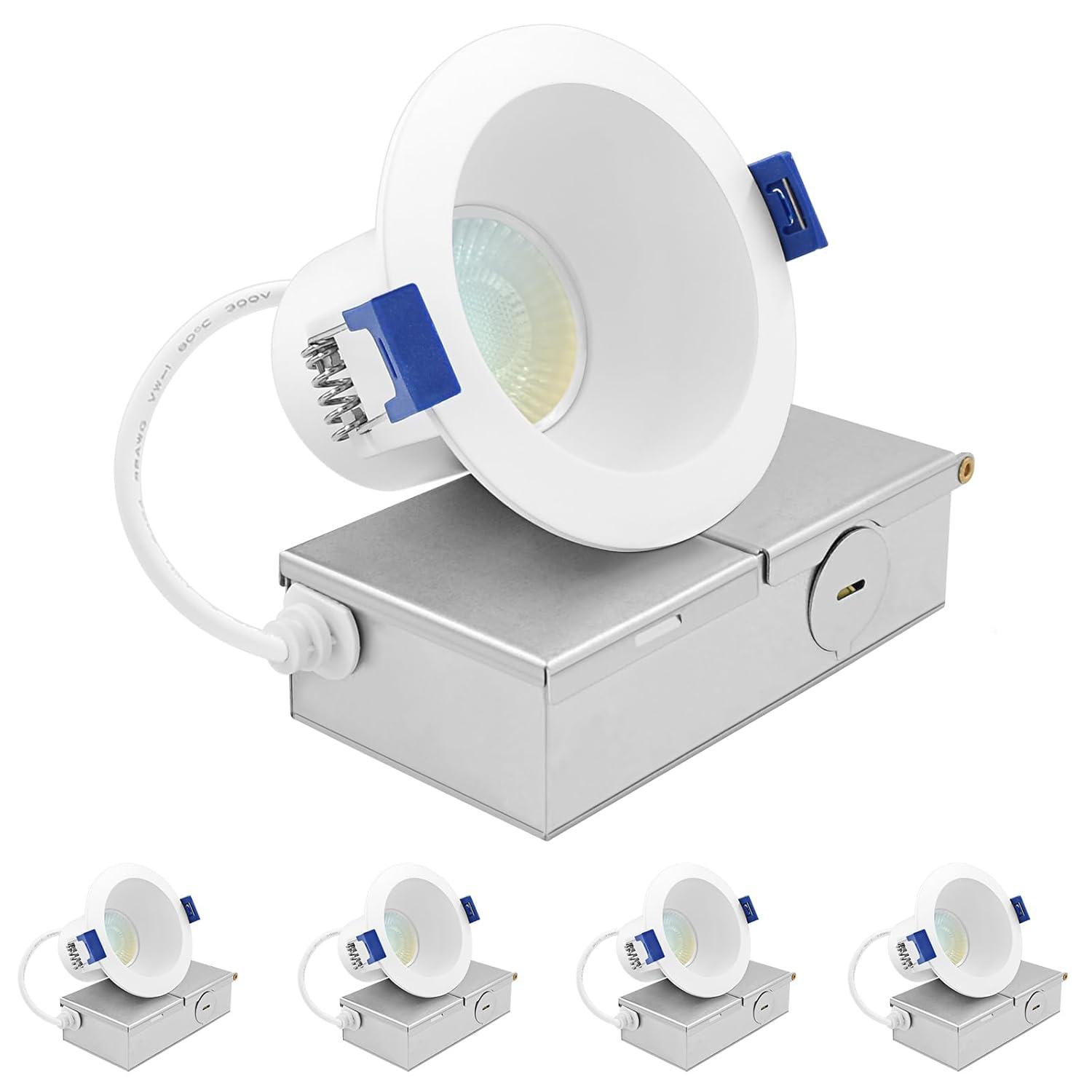 Luxrite Luxrite 3 Inch LED Recessed Ceiling Light J-Box 8W 5CCT 2700K/3000K/3500K/4000K/5000K 840LM Dimmable Canless Downlight, Wet Rated IC Rated ETL 12 Pack LR23320-12PK