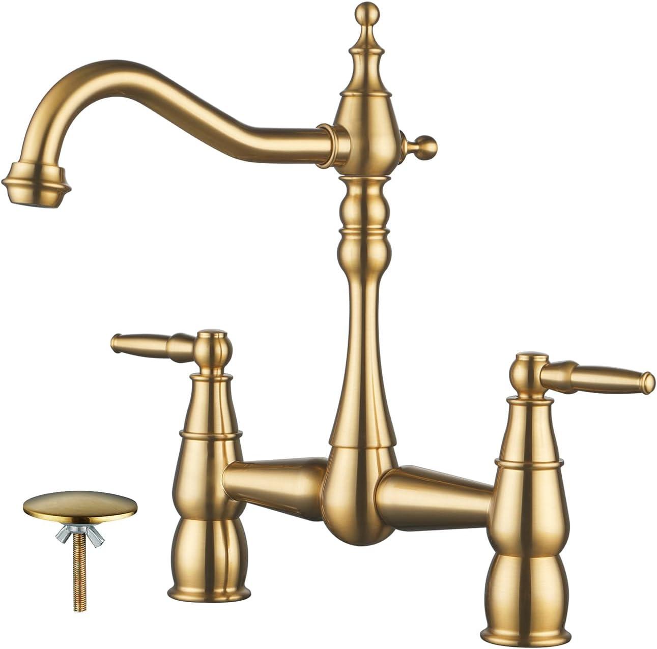 Brushed Gold Double Handle Bridge Kitchen Faucet with Side Sprayer