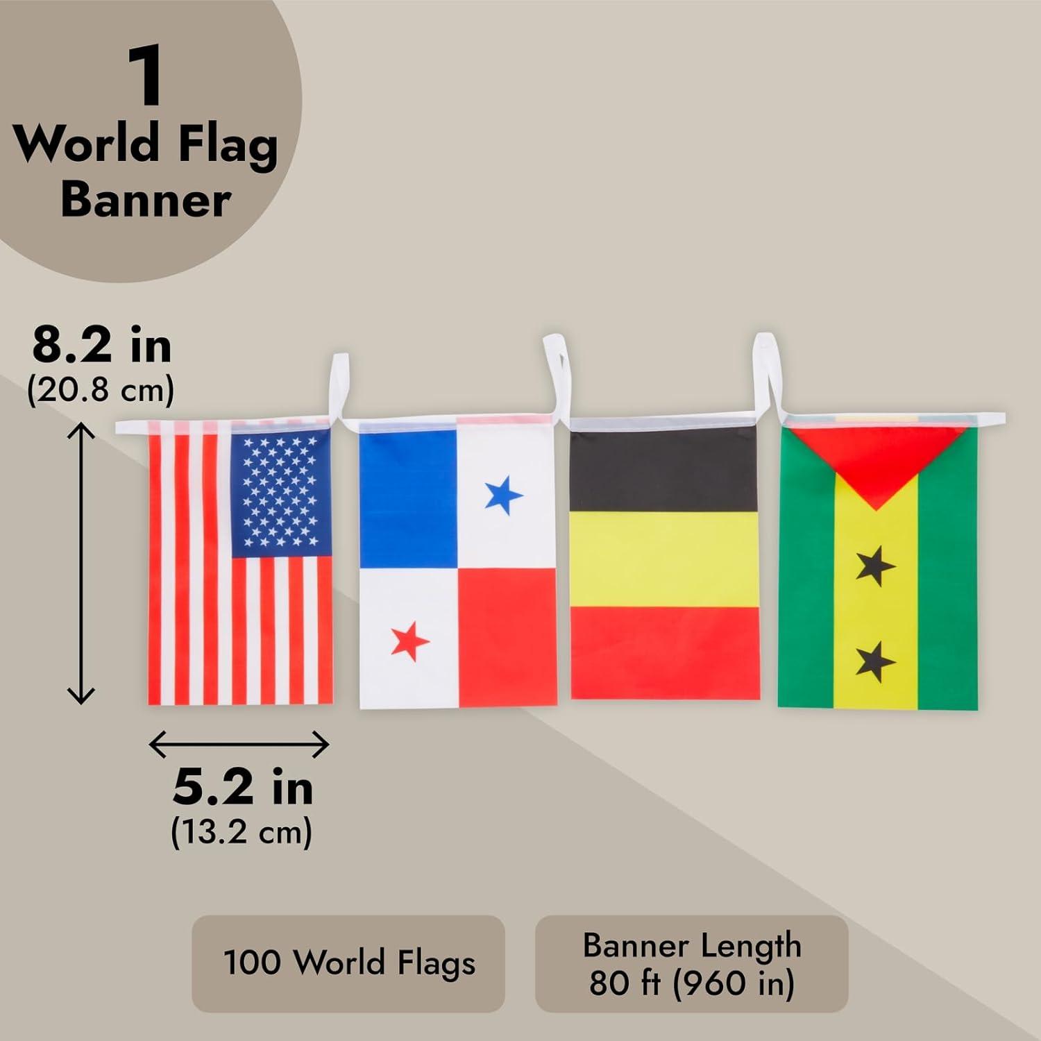 Juvale 80 ft International Flags of the World Banner with 100 Countries, Hanging Multicultural Decorations - 5.2 x 8.2" Flags