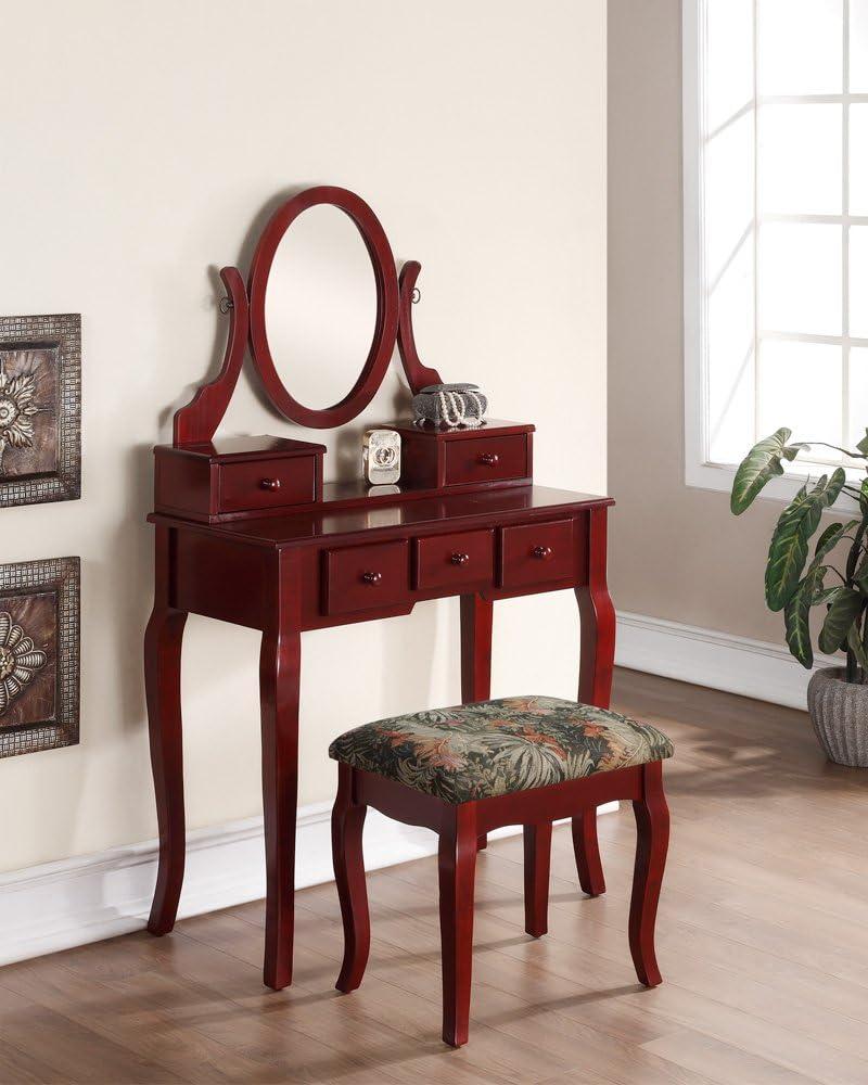 Cherry Wood Vanity Table with Adjustable Mirror and Floral Upholstered Stool