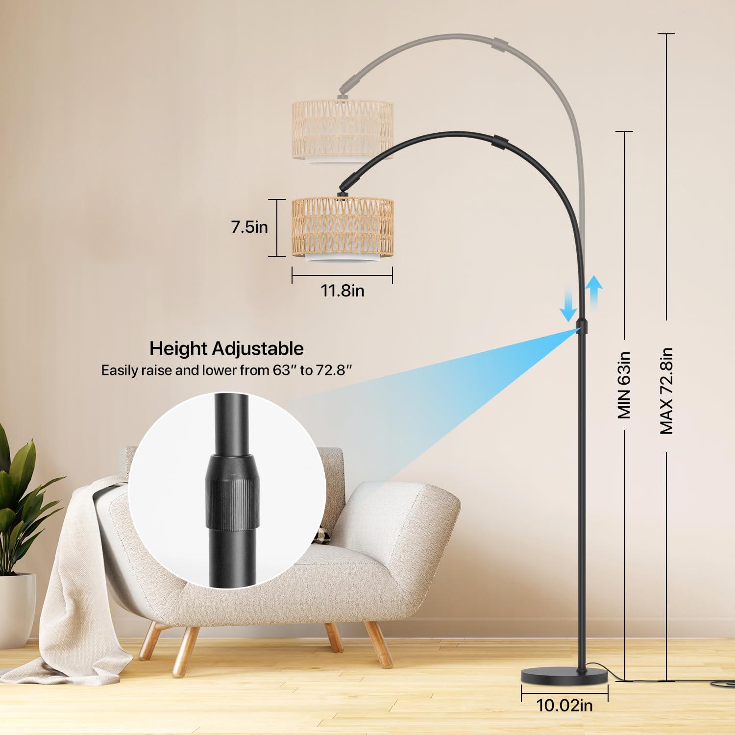 ROTTOGOON Boho Floor Lamp with Dimmable Bulb, Rattan &Linen Double Shades, Boho Standing Tall Lamps with Foot Switch, Bohemian Floor Lamps for Living Room, Bedroom, Office