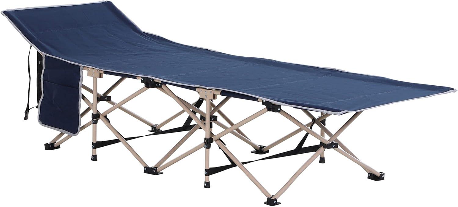 Outsunny Folding Camping Cot for Adults with Carry Bags, Side Pockets, Outdoor Portable Sleeping Bed for Travel Camp Vocation, Blue