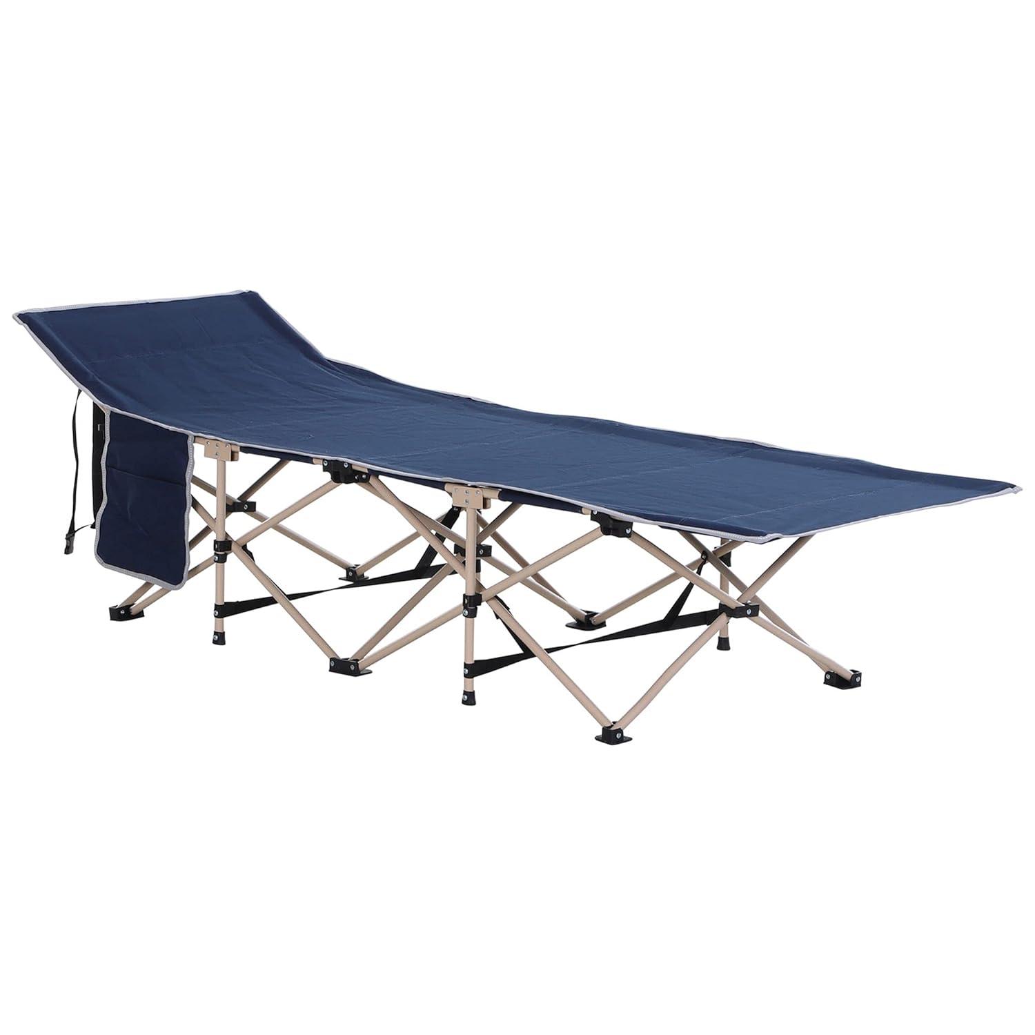 Outsunny Folding Camping Cot for Adults with Carry Bags, Side Pockets, Outdoor Portable Sleeping Bed for Travel Camp Vocation, Blue