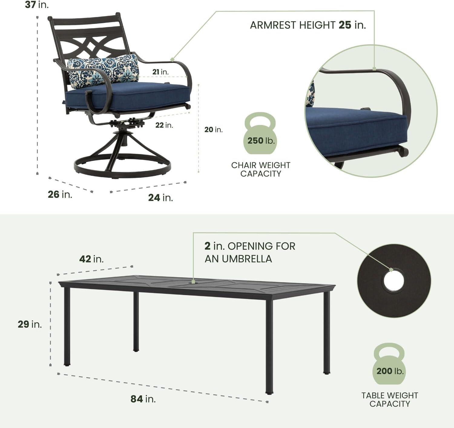 Hanover Montclair 9-Piece All-Weather Outdoor Patio Dining Set, 8 Swivel Rocker Chairs with Comfortable Seat and Lumbar Cushions, 84"x42" Stamped Rectangle Table, MCLRDN9PCSW8-NVY