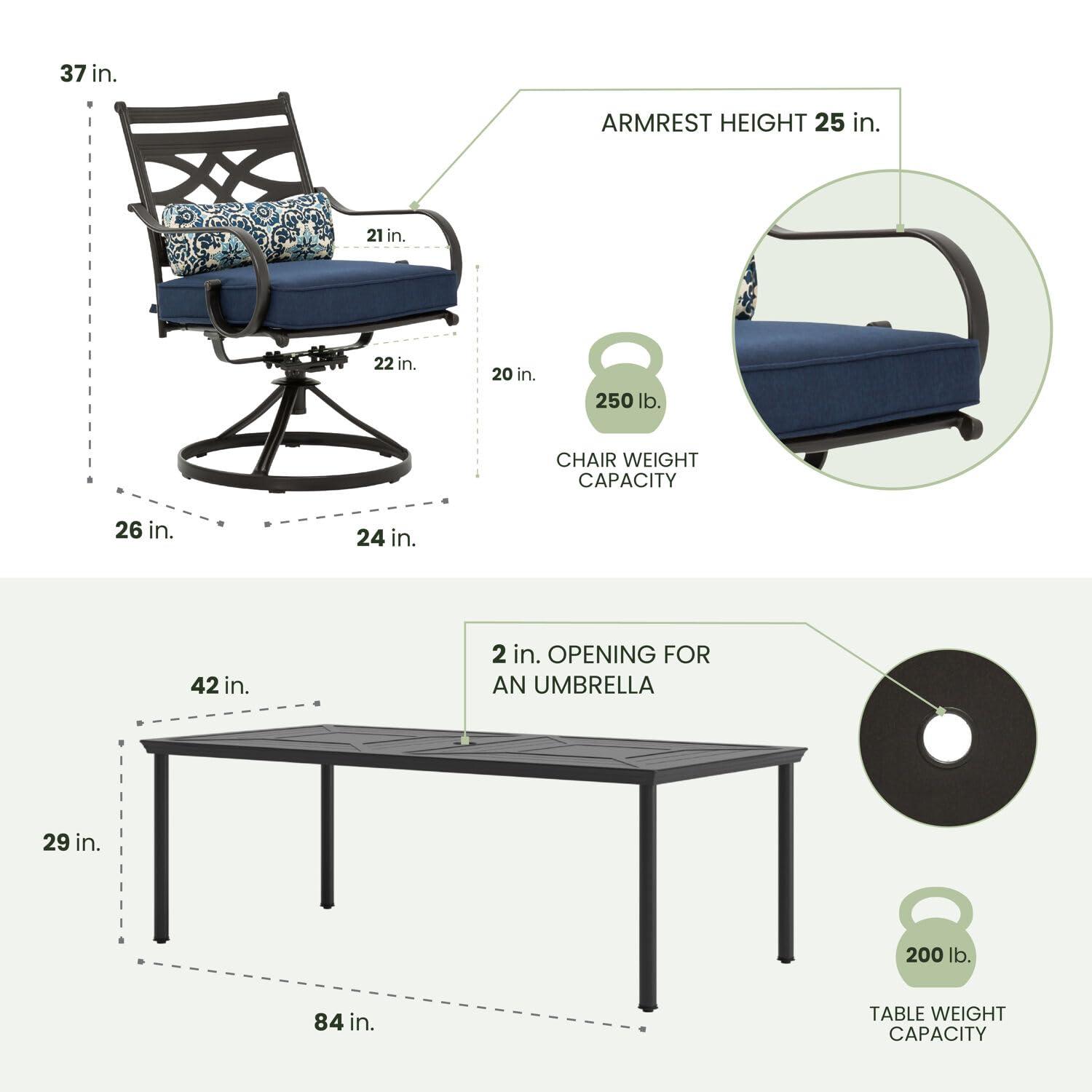 Hanover Montclair 9-Piece All-Weather Outdoor Patio Dining Set, 8 Swivel Rocker Chairs with Comfortable Seat and Lumbar Cushions, 84"x42" Stamped Rectangle Table, MCLRDN9PCSW8-NVY