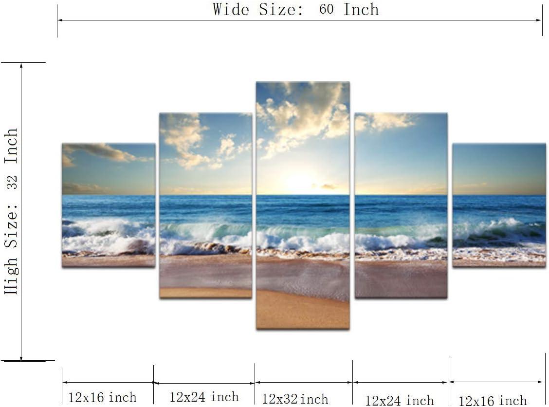 Yatsen Bridge Modern Landscape Painting on Canvas 5 Piece, Beach Ocean Pictures Wall Art for Living Room Home Decor Wooden Framed Stretched Ready to Hang (60" W x 32" H)