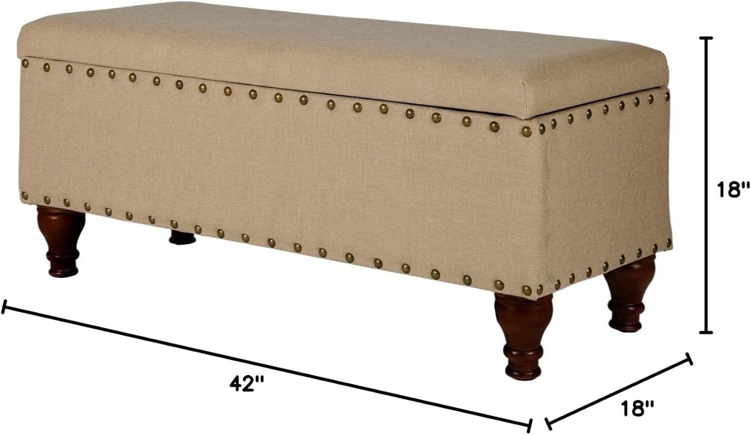 Benjara Fabric Upholstered Wooden Storage Bench With Nail head Trim, Large, Tan Brown