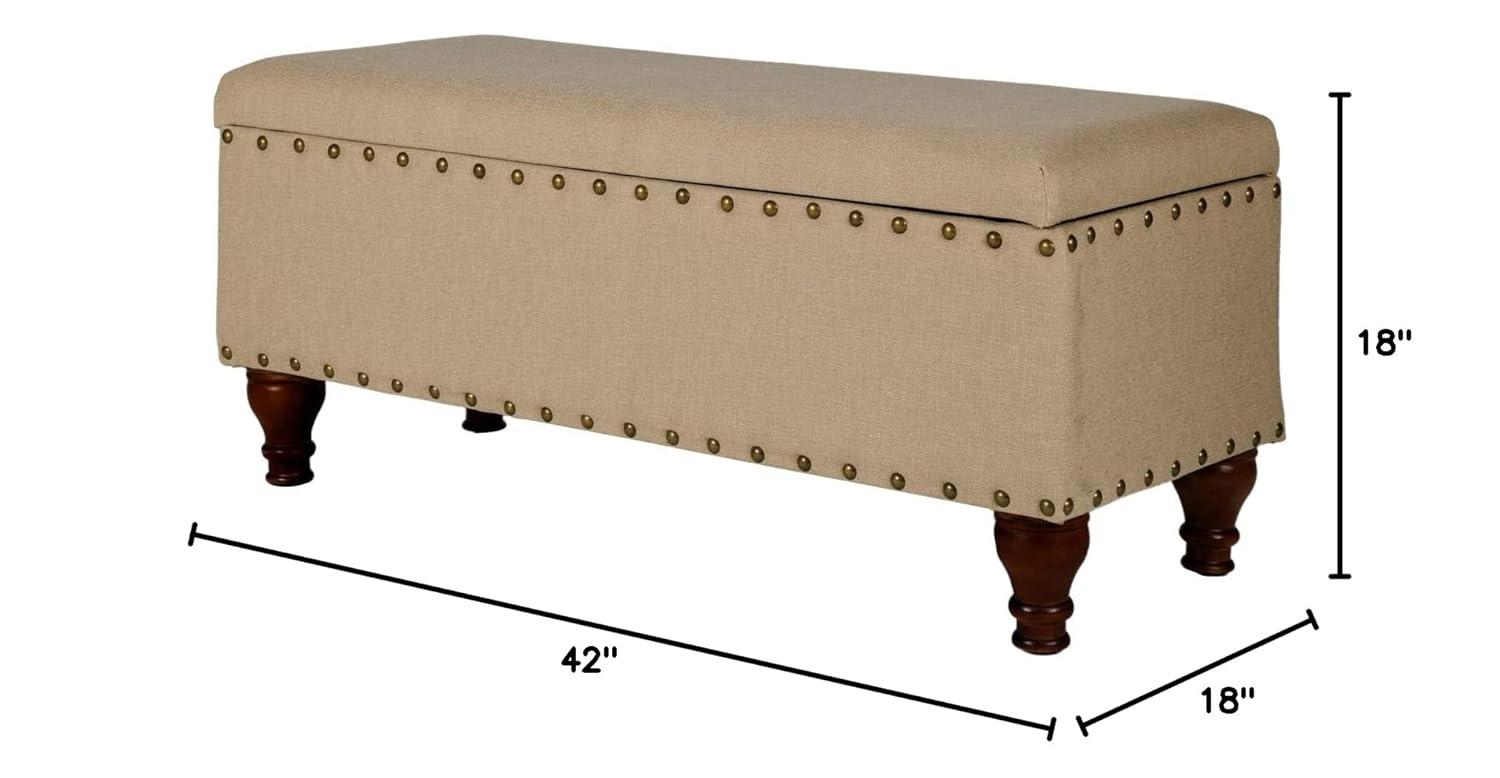 Benjara Fabric Upholstered Wooden Storage Bench With Nail head Trim, Large, Tan Brown