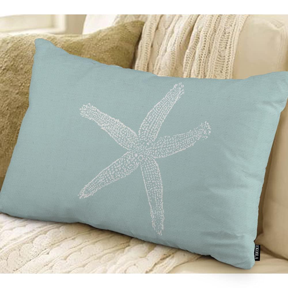 EKOBLA Green Starfish Sea Star Vintage Pastel Sea Foam Blue Fish Decorative Pillow Case Throw Pillow Covers Waist Lumbar Cotton Linen Throw Pillow Cases Cushion Cover Rectangular 12x20 Inches