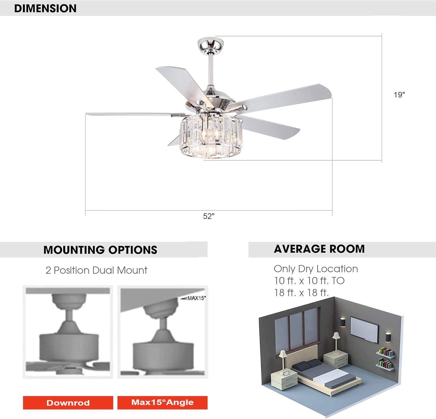 Parrot Uncle 52" Modern Black Crystal Ceiling Fan with Light and Remote