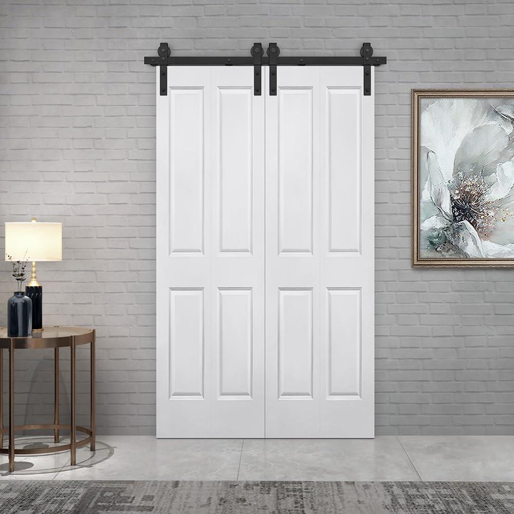72 in. x 80 in. Hollow Core 2 Panel White Painted MDF Composite Double Bi-Fold Barn Doors with Sliding Hardware Kit