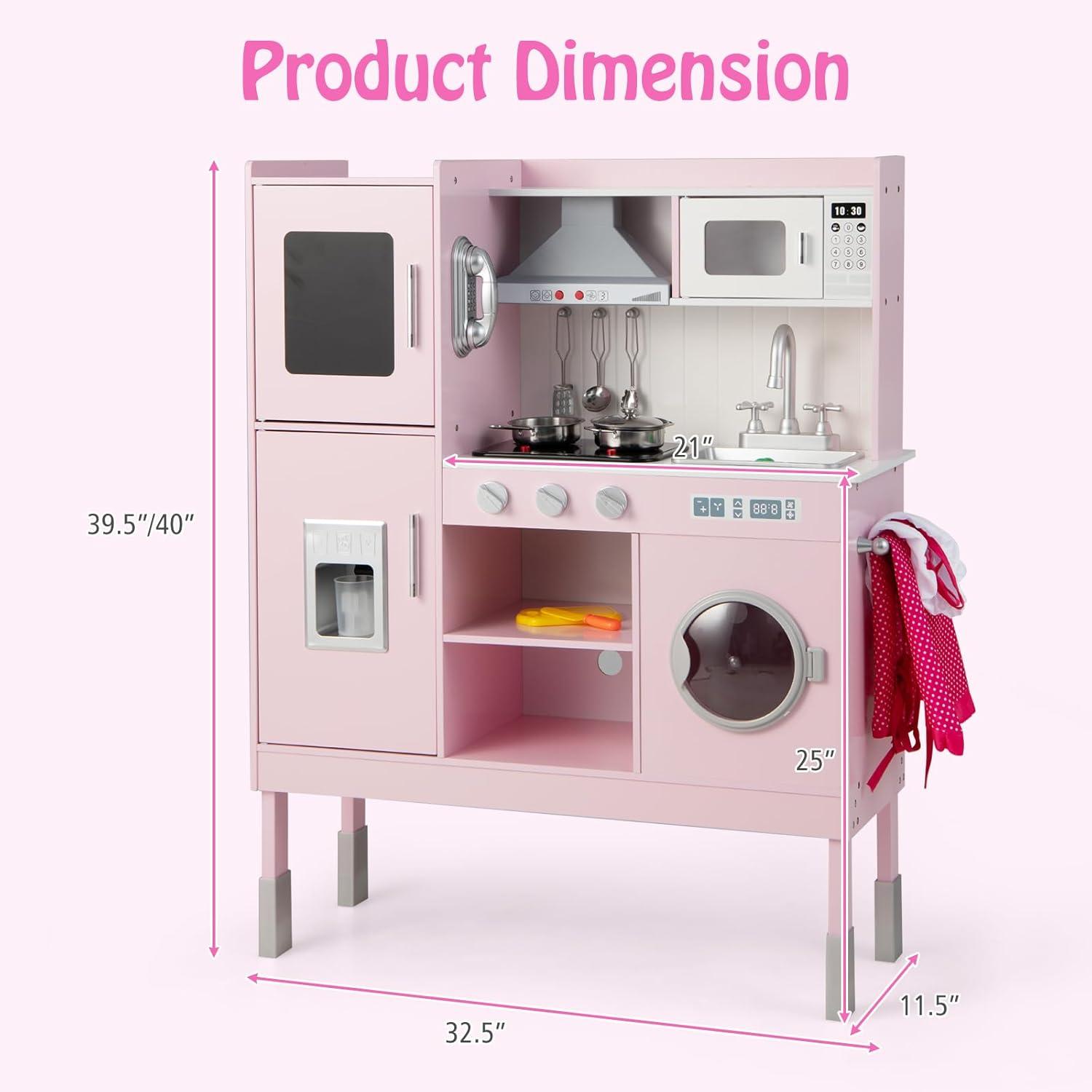 Pink Adjustable Height Wooden Kids Play Kitchen Set