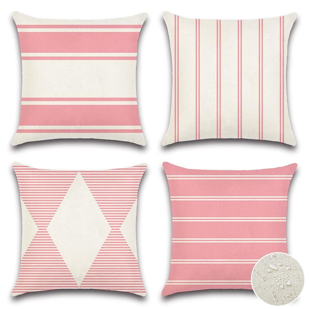 OTOSTAR Outdoor Waterproof Pillow Covers 18x18 Inch Geometry Decorative Throw Pillow Cases Square Modern Cushion Case Garden Throw Pillow Covers Pack of 4 Pillow Shell for Patio Furniture Couch (Pink)