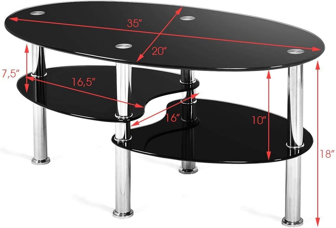 Costway Tempered Glass Oval Side Coffee Table Shelf Chrome Base Living Room Black