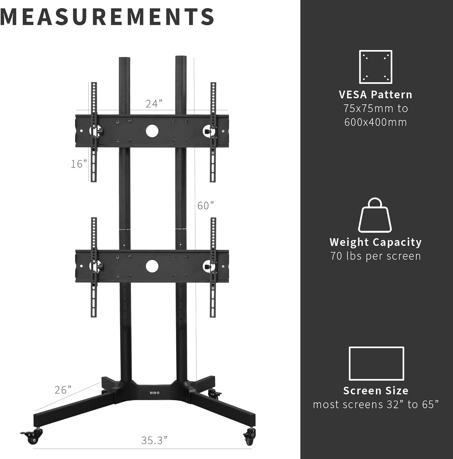 VIVO Dual TV Cart Mount for LCD LED Plasma Flat Panel | Fits 32" to 65" Screens